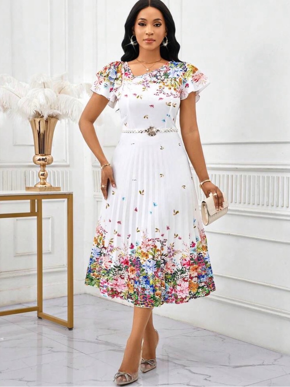 SHEIN White Midi Dress with Multicolor Floral Hem